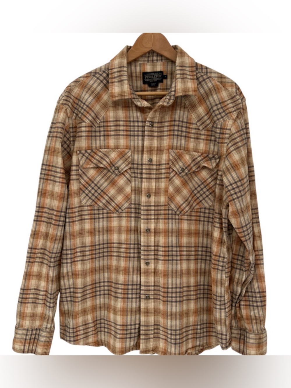 Pendleton Wyatt Western Pearl Snap Cotton Shirt in Tan Plaid - Size Large